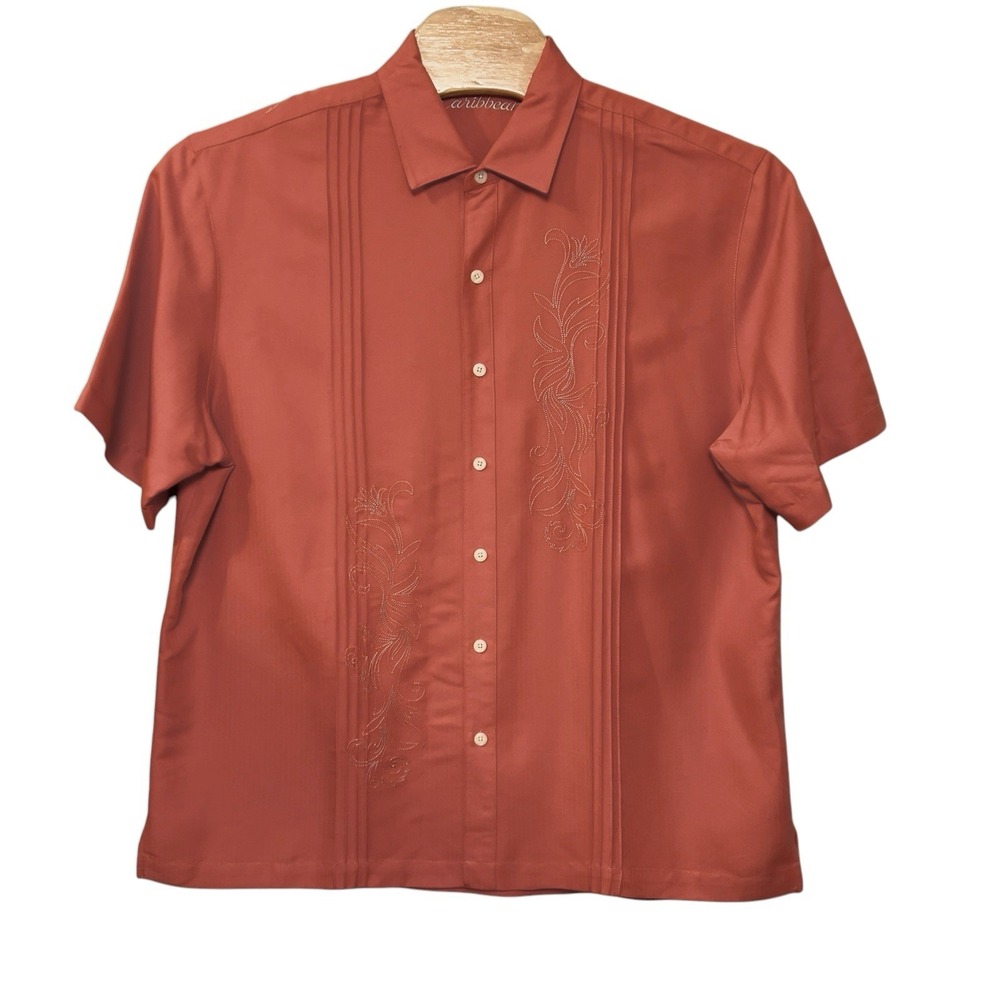 Caribbean Button Up Coral Embroidered Short Sleeve Shirt Size XL Relaxed Rayon‎